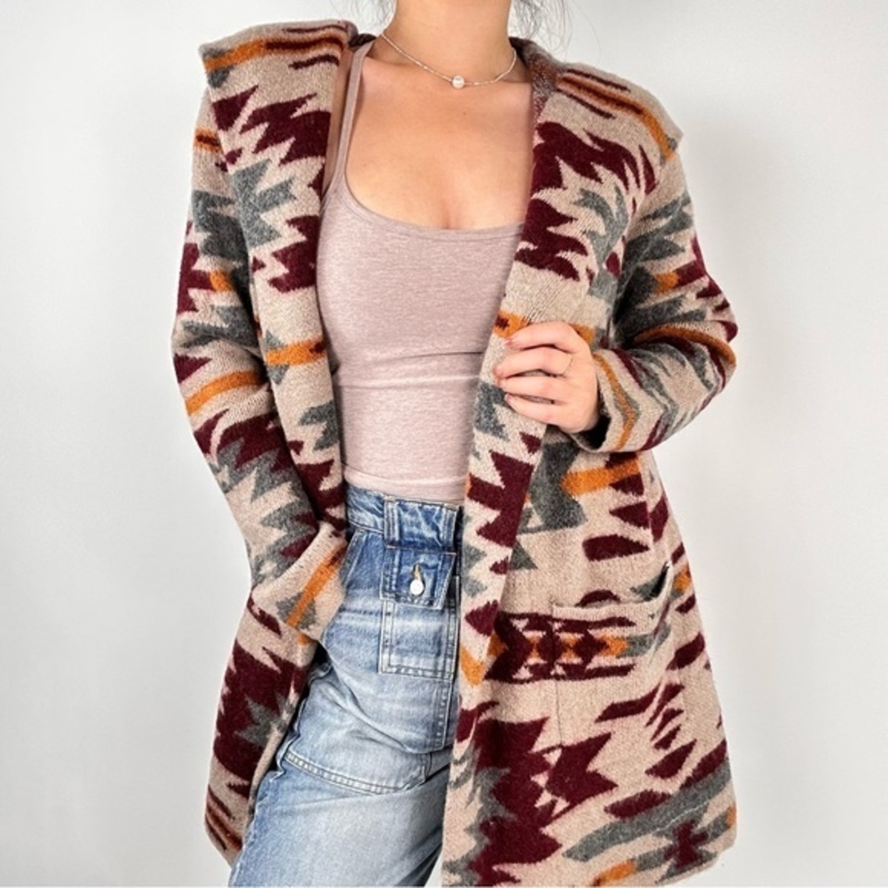 NWOT Joie Southwest Print Long Line Wool Blend Open Front Hooded Cardigan